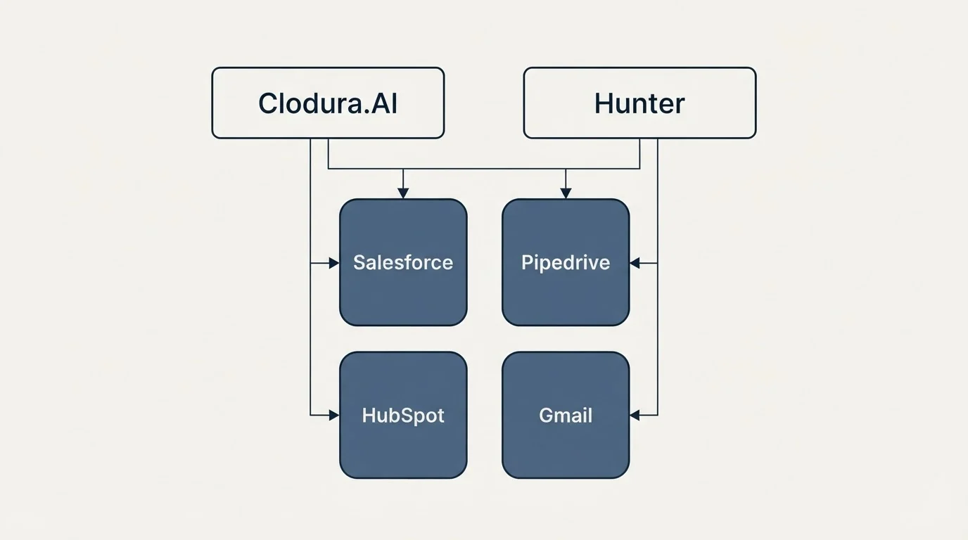 Integration grid: Integration Ecosystem (Clodura.AI, Hunter, Salesforce, Pipedrive)