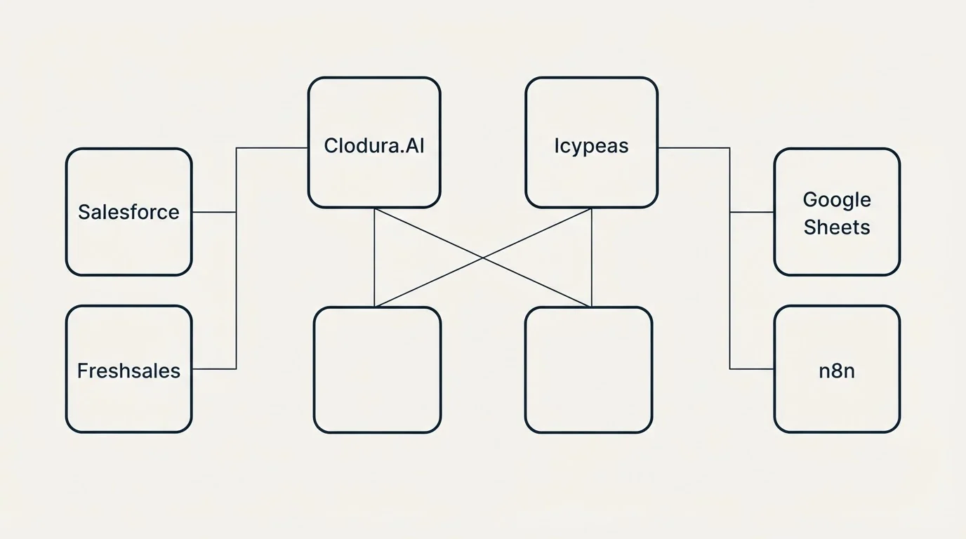 Integration grid: Integration Ecosystem (Clodura.AI, Icypeas, Salesforce, Google Sheets)