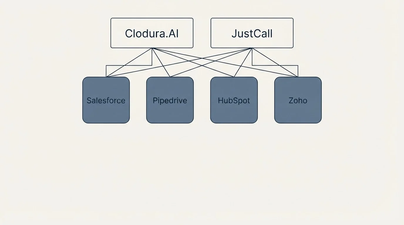 Integration grid: Integration Ecosystem (Clodura.AI, JustCall, Salesforce, Pipedrive)