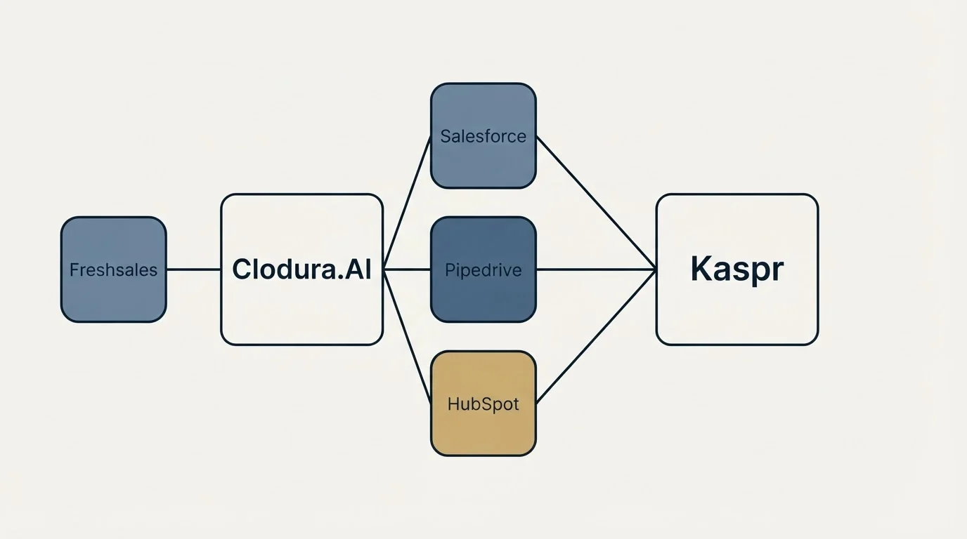 Integration schematic: Integration Ecosystem (Clodura.AI, Kaspr, Salesforce, Pipedrive)