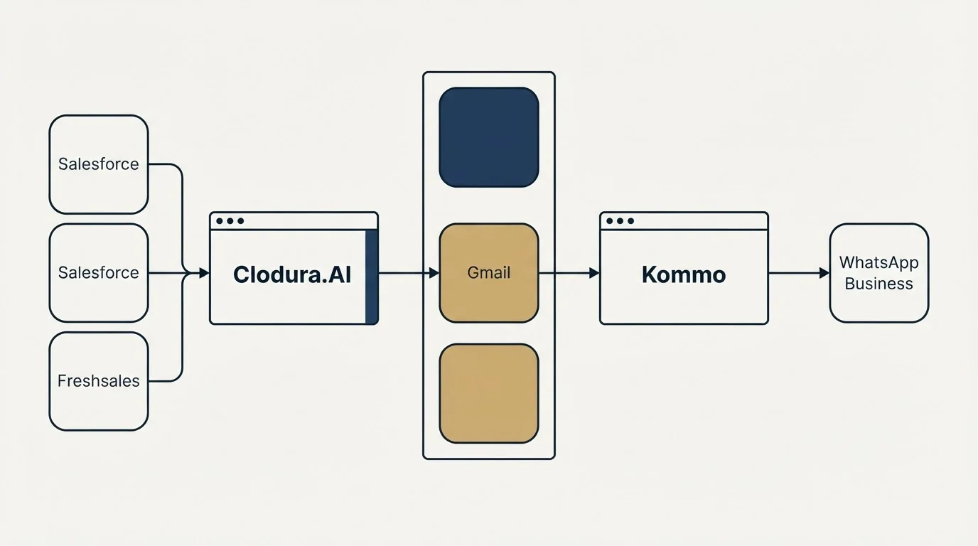 Integration flow: Integration Ecosystem (Clodura.AI, Kommo, Gmail, Salesforce)