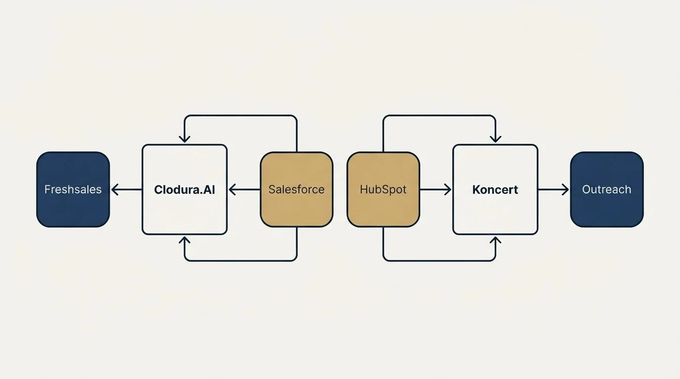Integration schematic: Integration Ecosystem (Clodura.AI, Koncert, Salesforce, HubSpot)