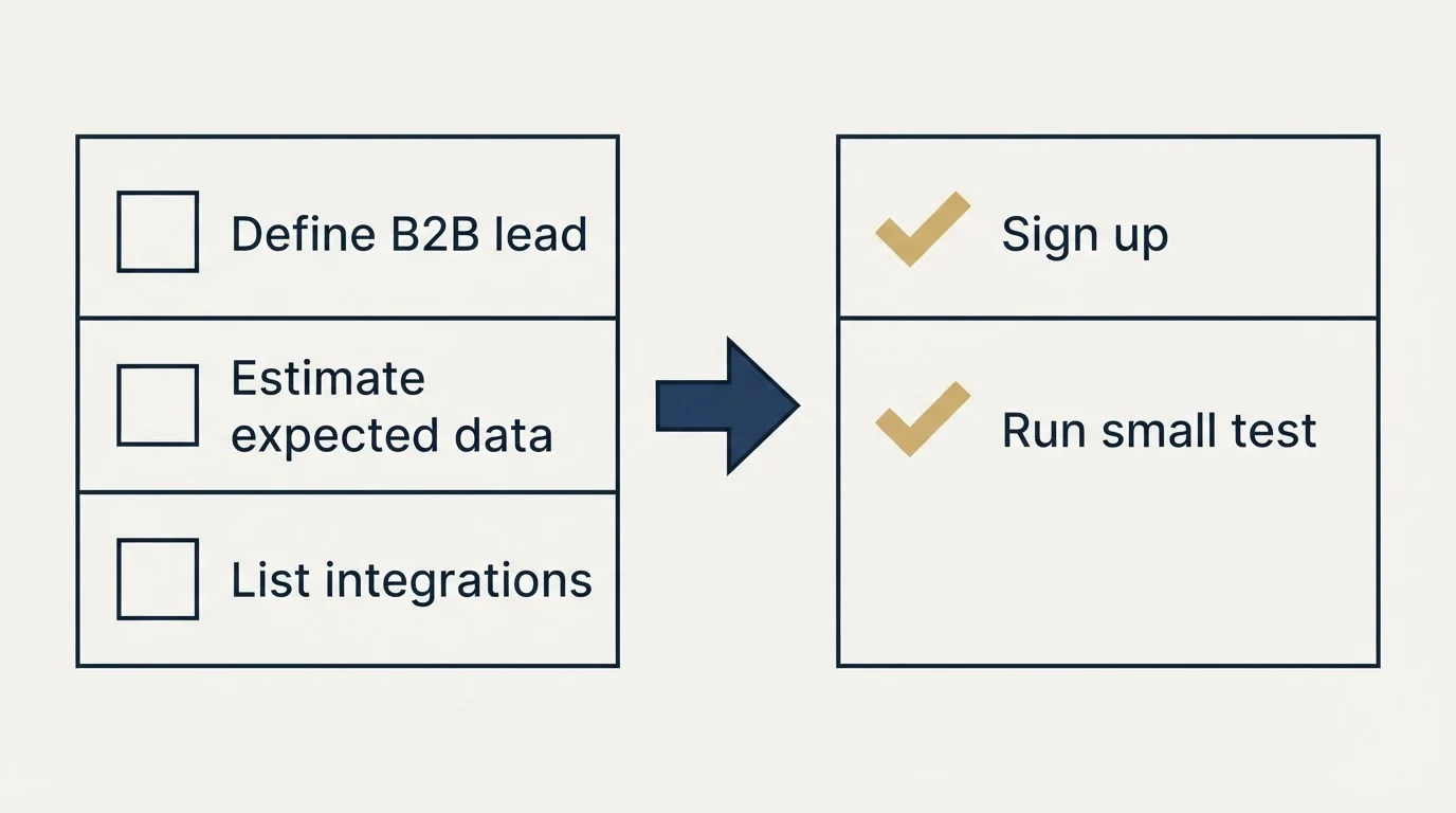 Before-and-after steps: Getting Started Checklist (Define B2B lead, Estimate expected data, List integrations, Sign up)