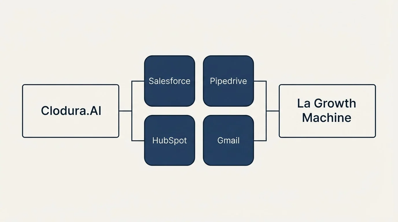 Integration schematic: Integration Ecosystem (Clodura.AI, La Growth Machine, Salesforce, Pipedrive)