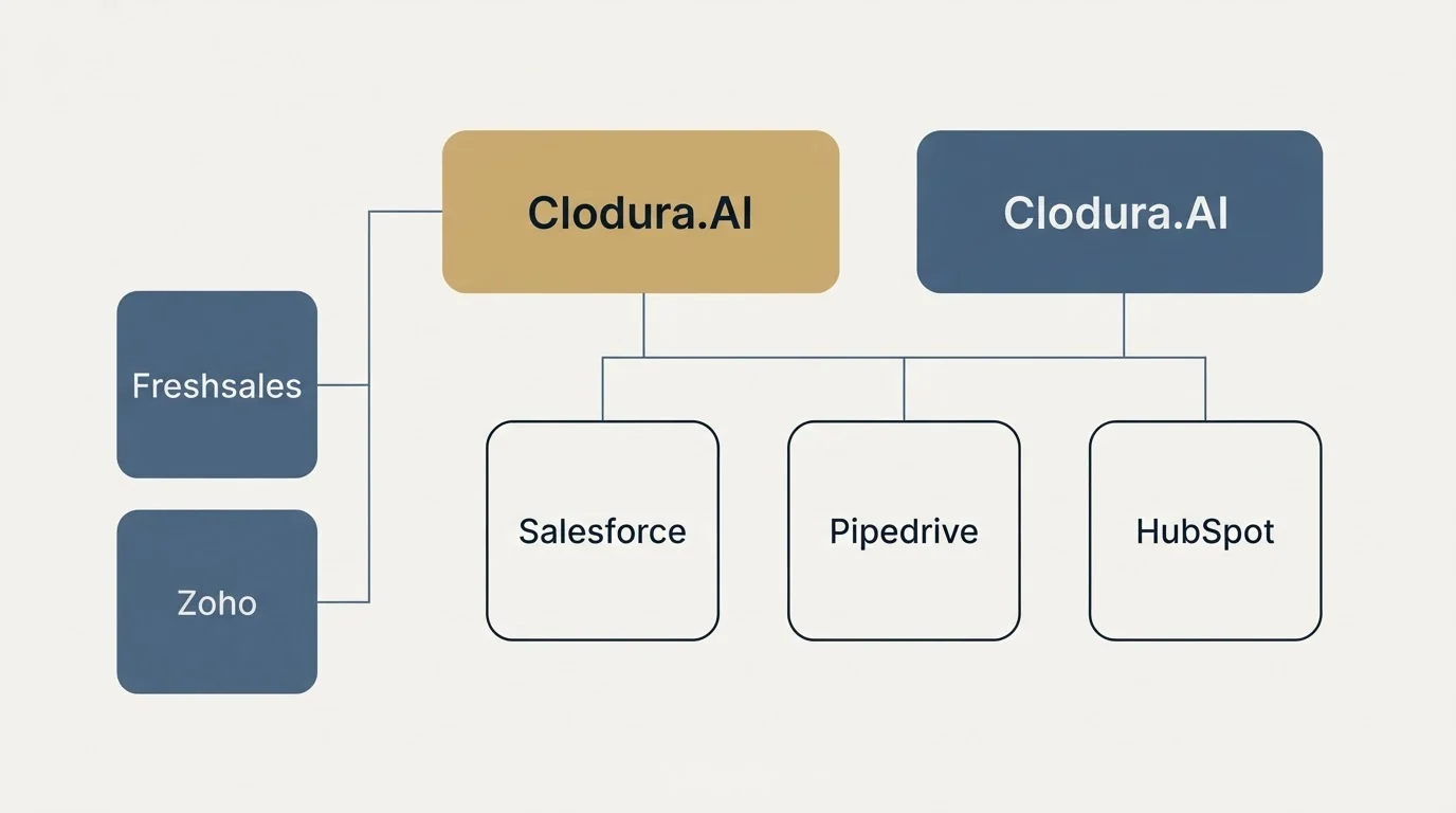 Integration grid: Integration Ecosystem (Clodura.AI, Salesforce, Pipedrive, HubSpot)