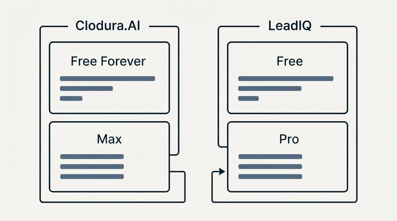 Pricing panels: Pricing Comparison (Clodura.AI, LeadIQ, Free Forever, Free)