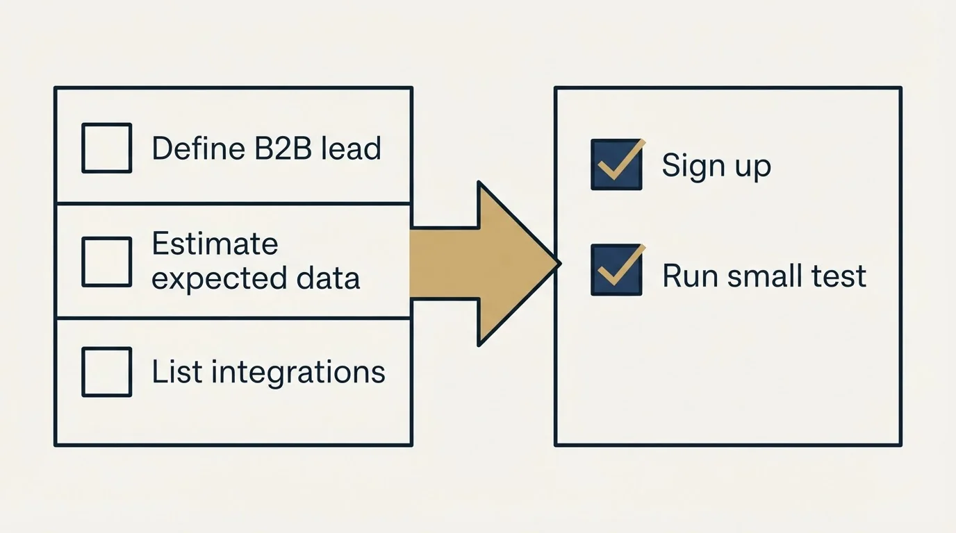 Before-and-after steps: Getting Started Checklist (Define B2B lead, Estimate expected data, List integrations, Sign up)