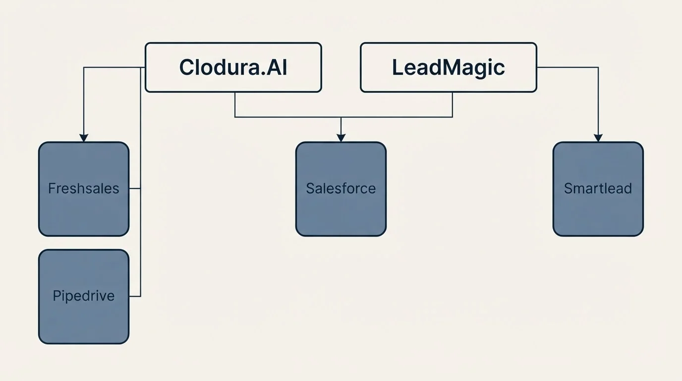 Integration grid: Integration Ecosystem (Clodura.AI, LeadMagic, Salesforce, Freshsales)
