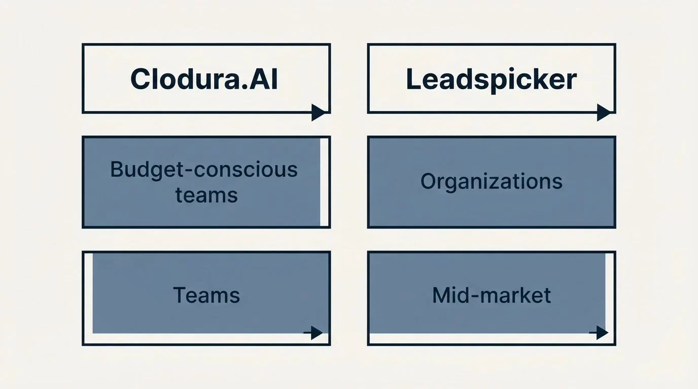 Two-column comparison: Use Case Recommendations (Clodura.AI, Leadspicker, Budget-conscious teams, Organizations)