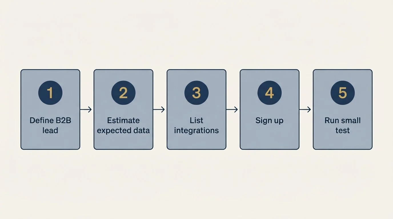 Step sequence: Getting Started Checklist (Define B2B lead, Estimate expected data, List integrations, Sign up)