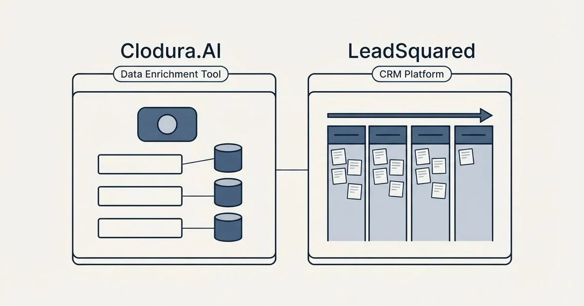 Side-by-side panels: Clodura.AI vs LeadSquared (Data Enrichment Tool, CRM Platform)