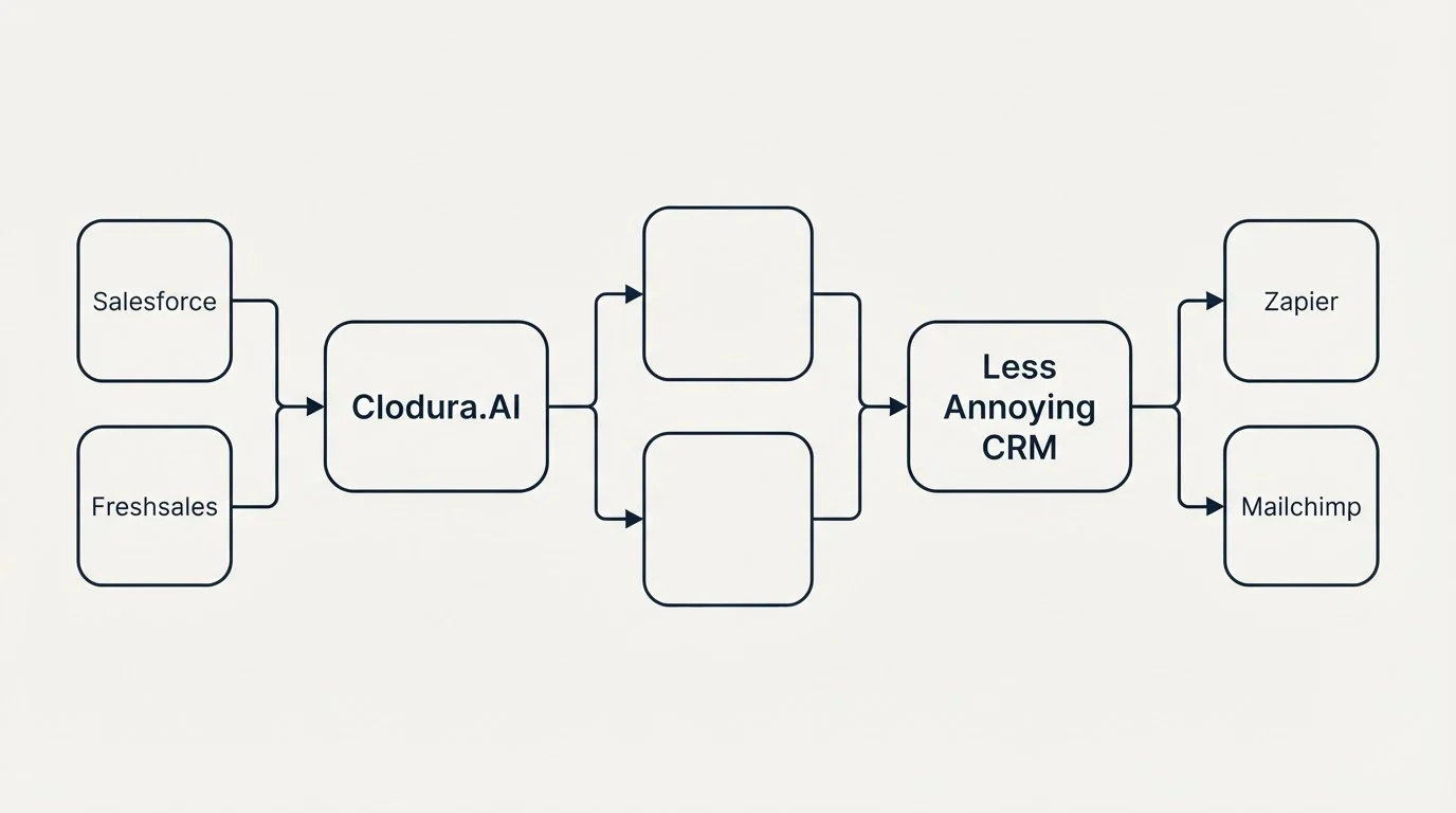 Integration flow: Integration Ecosystem (Clodura.AI, Less Annoying CRM, Salesforce, Zapier)