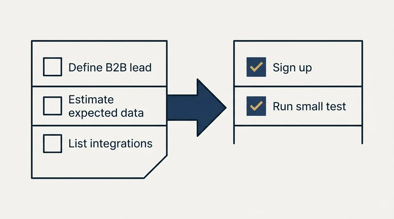 Before-and-after steps: Getting Started Checklist (Define B2B lead, Estimate expected data, List integrations, Sign up)