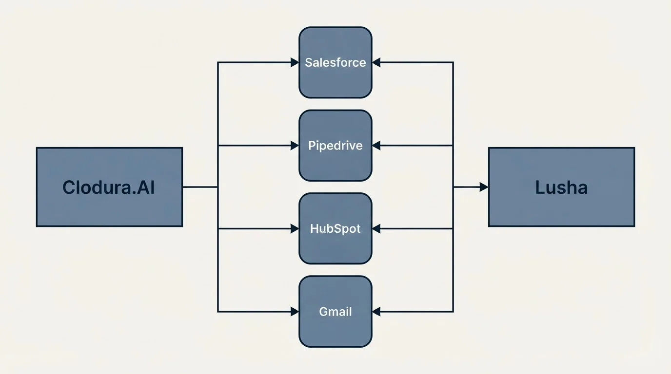 Integration flow: Integration Ecosystem (Clodura.AI, Lusha, Salesforce, Pipedrive)
