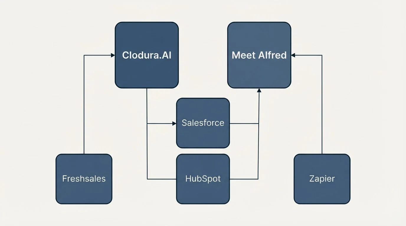 Integration grid: Integration Ecosystem (Clodura.AI, Meet Alfred, Salesforce, HubSpot)
