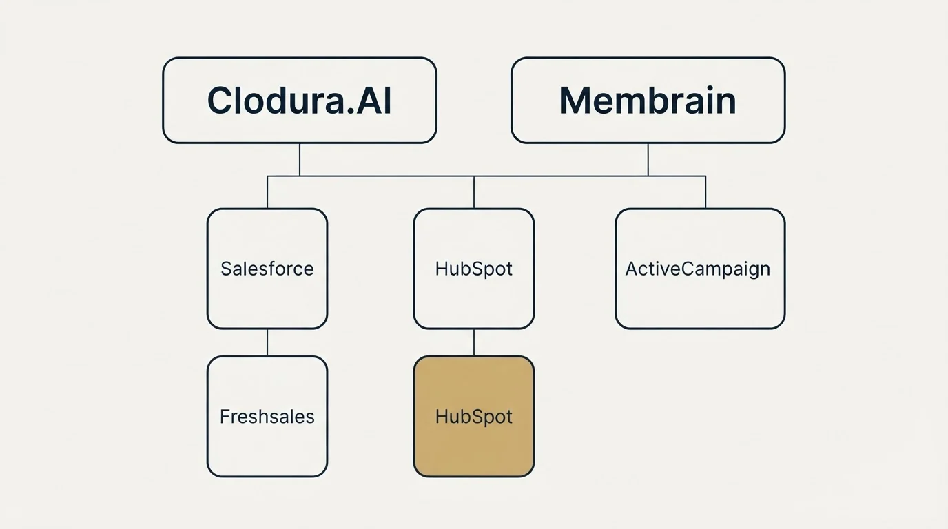 Integration grid: Integration Ecosystem (Clodura.AI, Membrain, HubSpot, Salesforce)