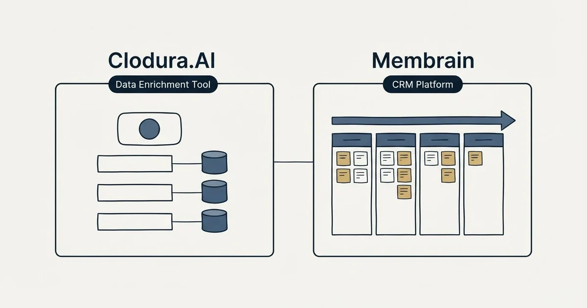 Side-by-side panels: Clodura.AI vs Membrain (Data Enrichment Tool, CRM Platform)