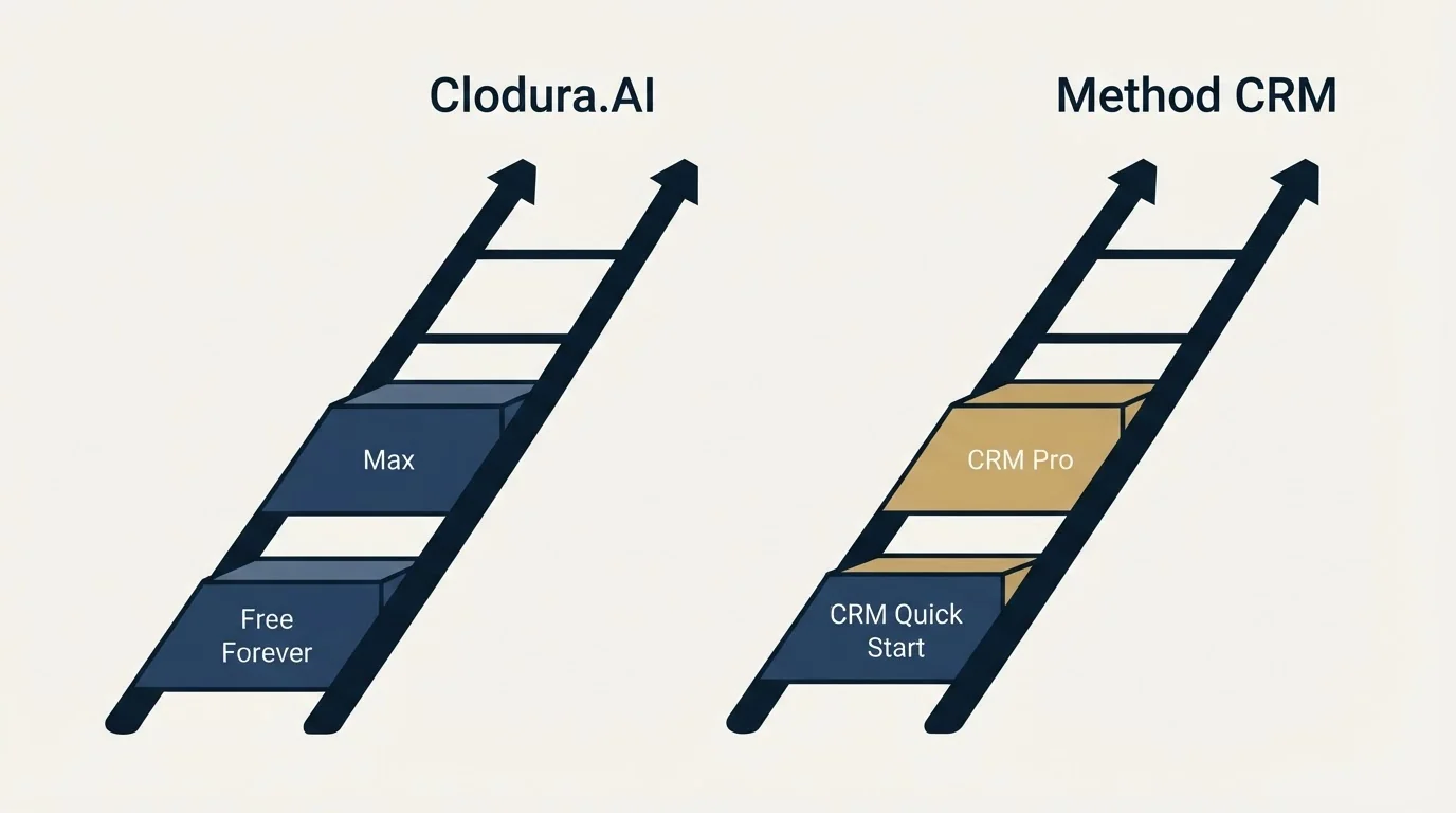 Pricing ladder: Pricing Comparison (Clodura.AI, Method CRM, Free Forever, CRM Quick Start)