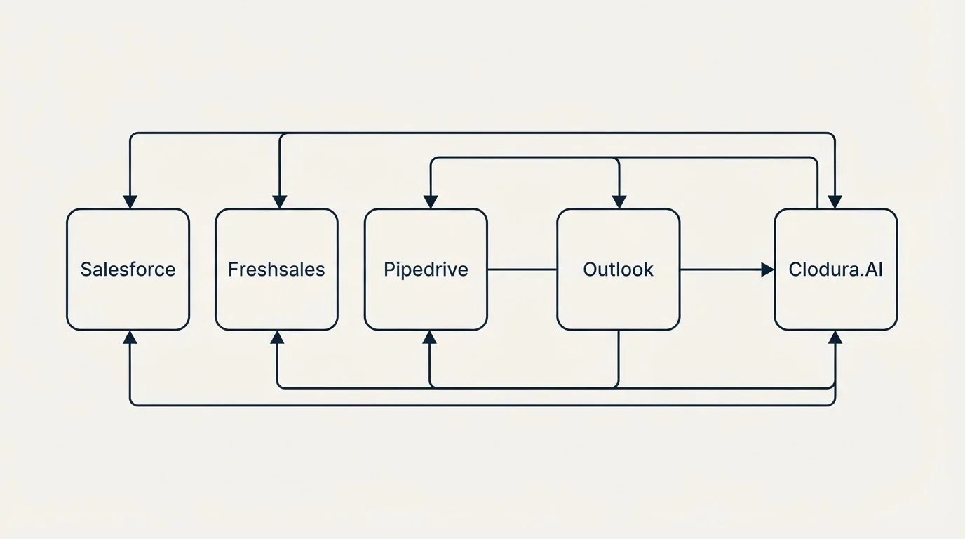 Integration schematic: Integration Ecosystem (Clodura.AI, Outlook, Salesforce, Freshsales)