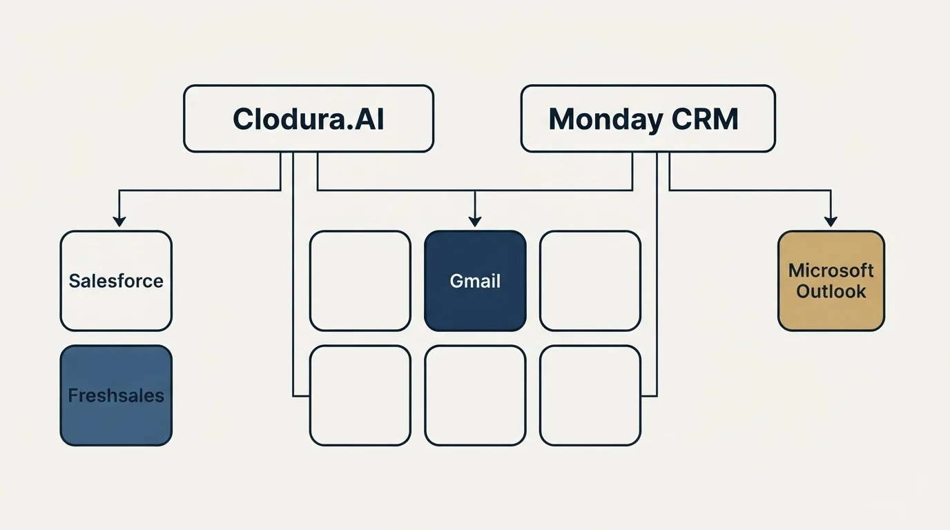 Integration grid: Integration Ecosystem (Clodura.AI, Monday CRM, Gmail, Salesforce)