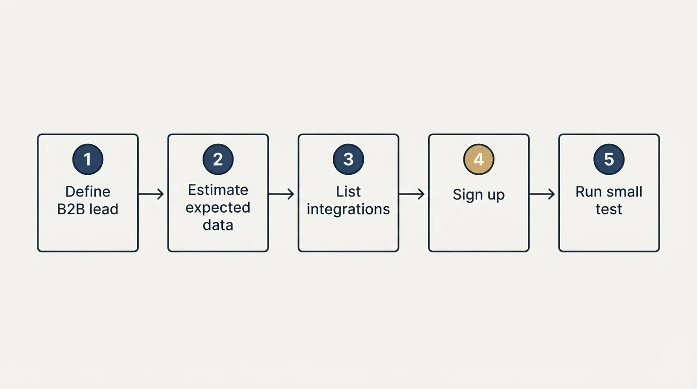 Step sequence: Getting Started Checklist (Define B2B lead, Estimate expected data, List integrations, Sign up)