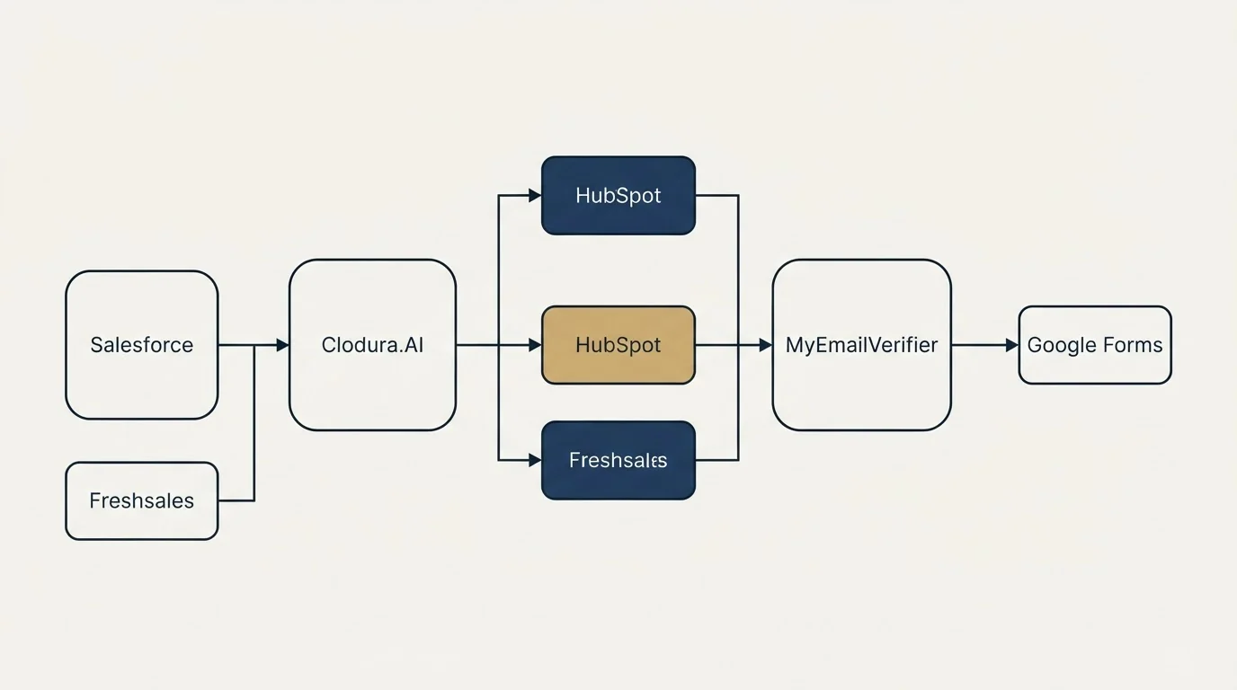 Integration flow: Integration Ecosystem (Clodura.AI, MyEmailVerifier, HubSpot, Salesforce)