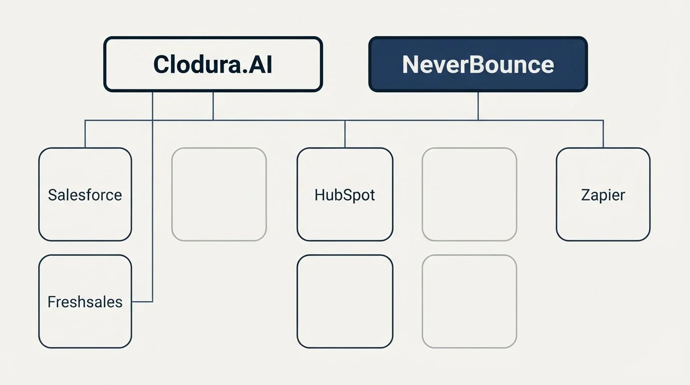 Integration grid: Integration Ecosystem (Clodura.AI, NeverBounce, HubSpot, Salesforce)