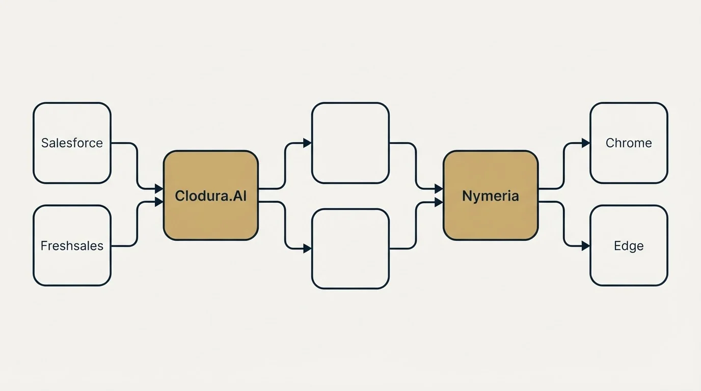 Integration schematic: Integration Ecosystem (Clodura.AI, Nymeria, Salesforce, Chrome)