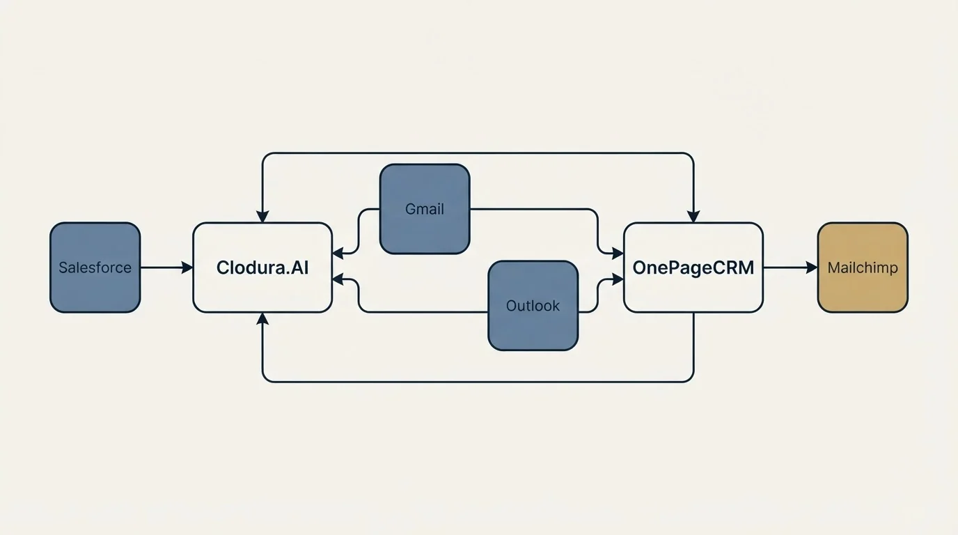 Integration schematic: Integration Ecosystem (Clodura.AI, OnePageCRM, Gmail, Outlook)