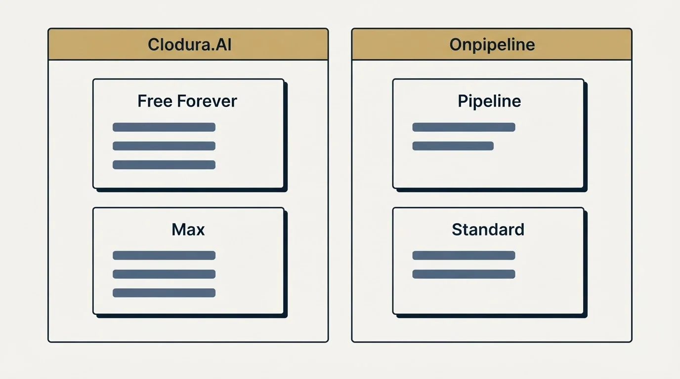 Pricing panels: Pricing Comparison (Clodura.AI, Onpipeline, Free Forever, Pipeline)