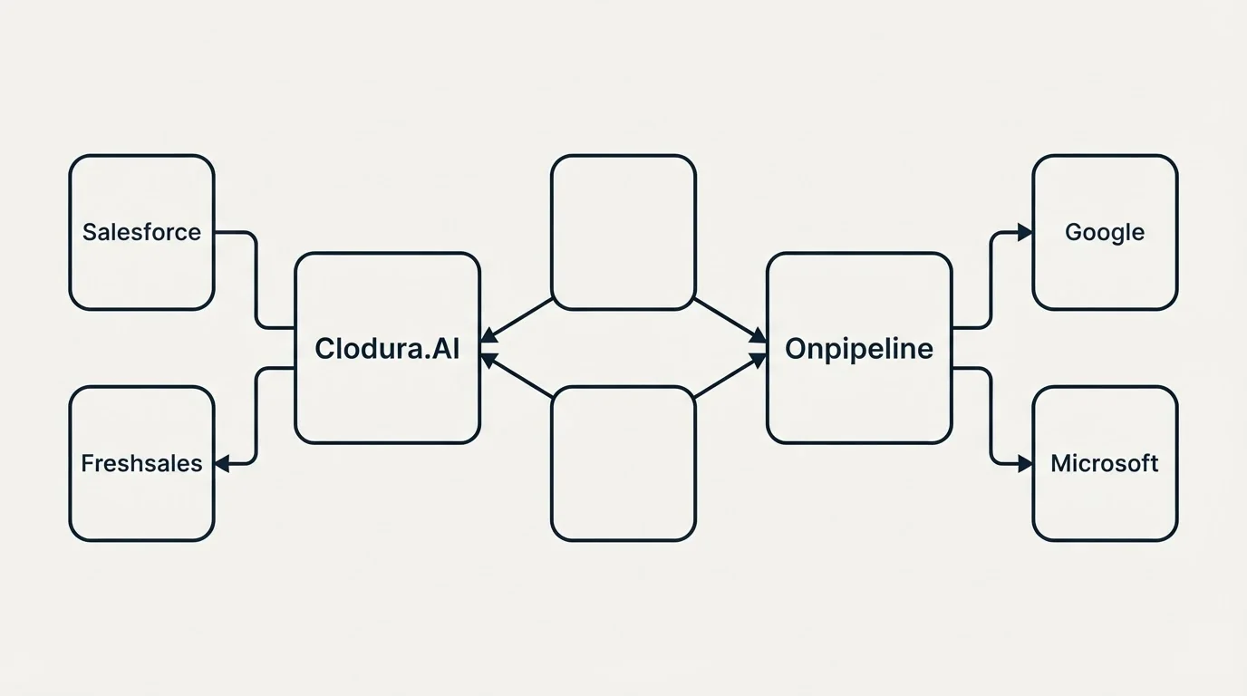 Integration schematic: Integration Ecosystem (Clodura.AI, Onpipeline, Salesforce, Google)
