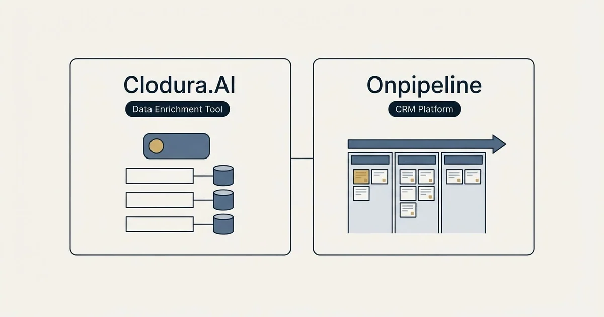 Side-by-side panels: Clodura.AI vs Onpipeline (Data Enrichment Tool, CRM Platform)