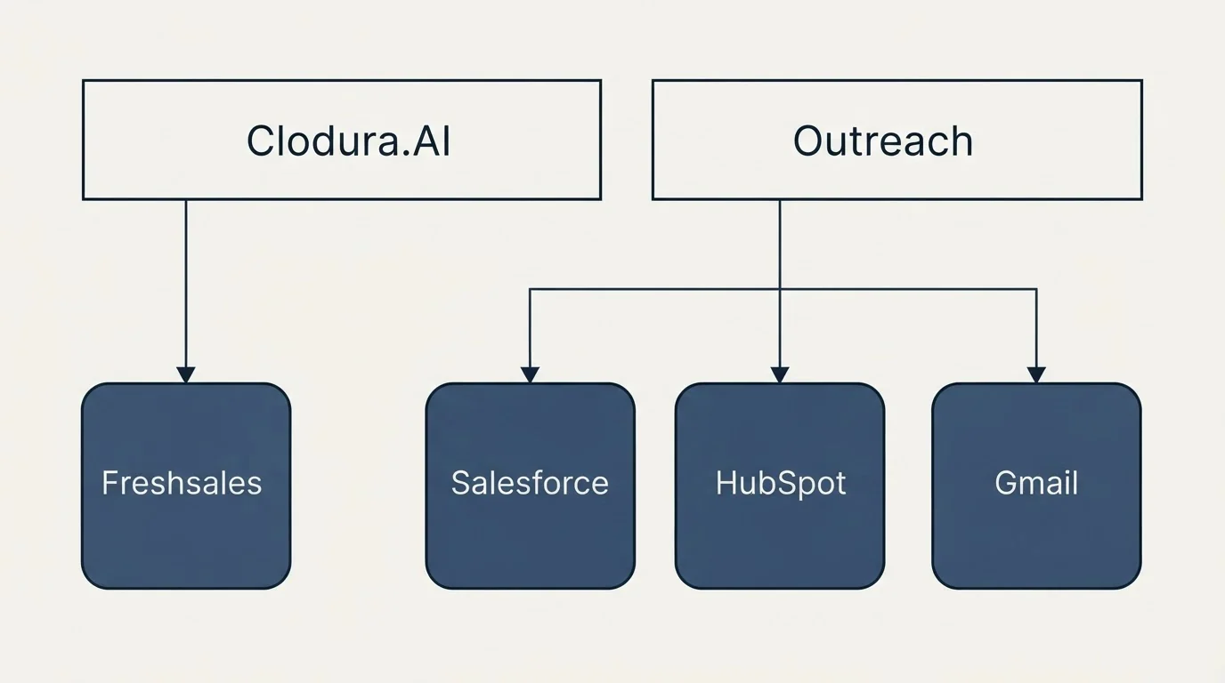 Integration grid: Integration Ecosystem (Clodura.AI, Outreach, Salesforce, HubSpot)