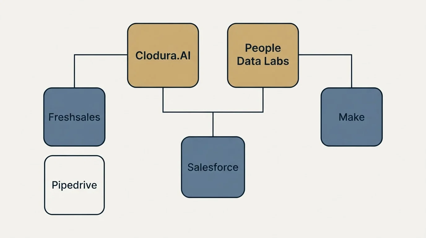 Integration grid: Integration Ecosystem (Clodura.AI, People Data Labs, Salesforce, Freshsales)