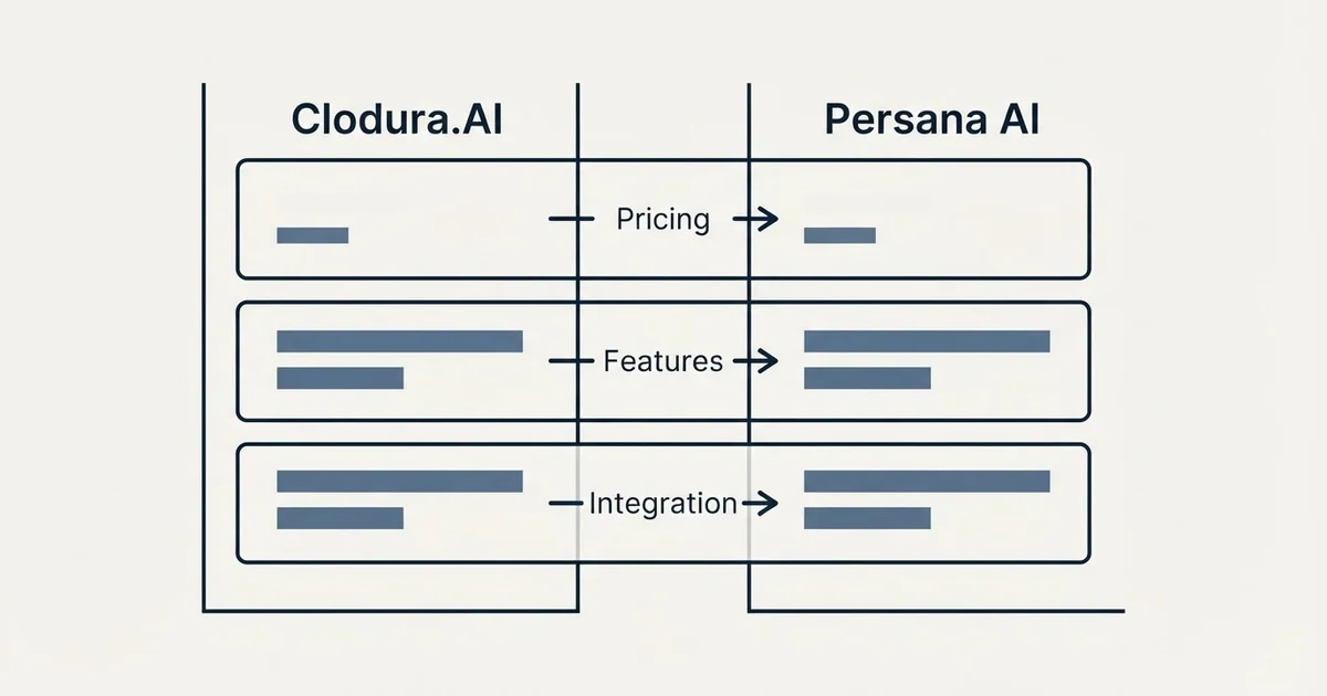 Comparison panel: Clodura.AI vs Persana AI (Pricing, Features, Integration)