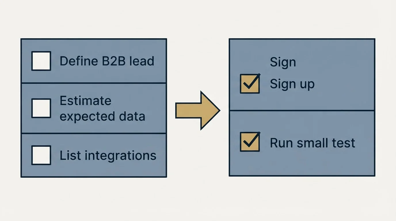 Before-and-after steps: Getting Started Checklist (Define B2B lead, Estimate expected data, List integrations, Sign up)
