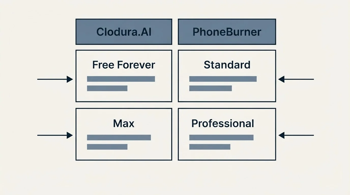 Pricing table: Pricing Comparison (Clodura.AI, PhoneBurner, Free Forever, Standard)