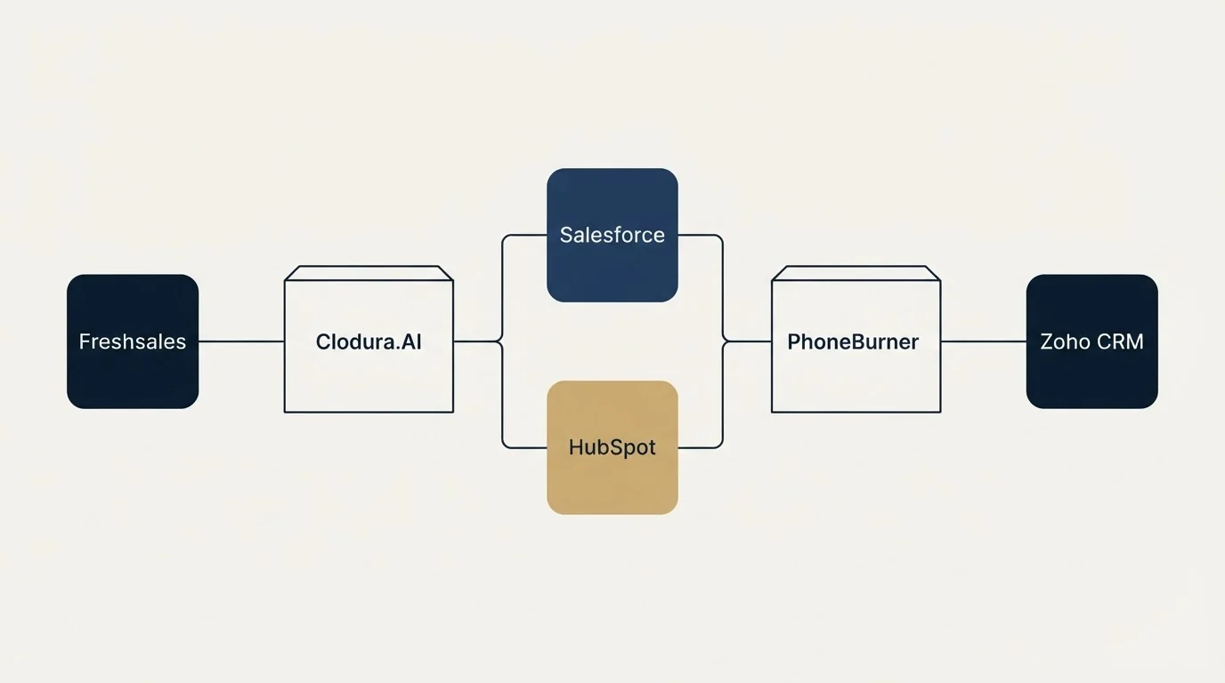 Integration flow: Integration Ecosystem (Clodura.AI, PhoneBurner, Salesforce, HubSpot)