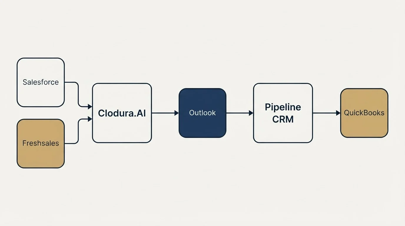 Integration schematic: Integration Ecosystem (Clodura.AI, Pipeline CRM, Outlook, Salesforce)