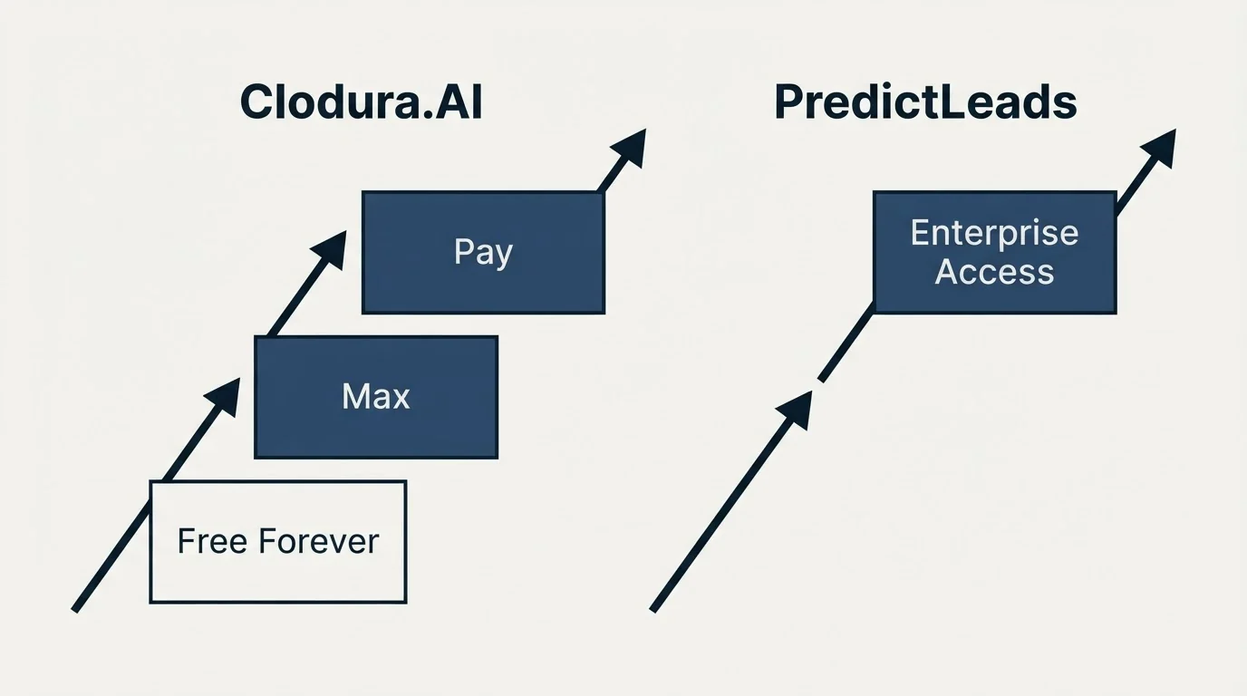 Pricing ladder: Pricing Comparison (Clodura.AI, PredictLeads, Free Forever, Enterprise Access)