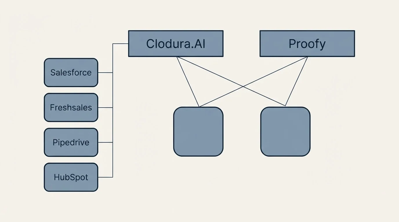 Integration grid: Integration Ecosystem (Clodura.AI, Proofy, Salesforce, Freshsales)
