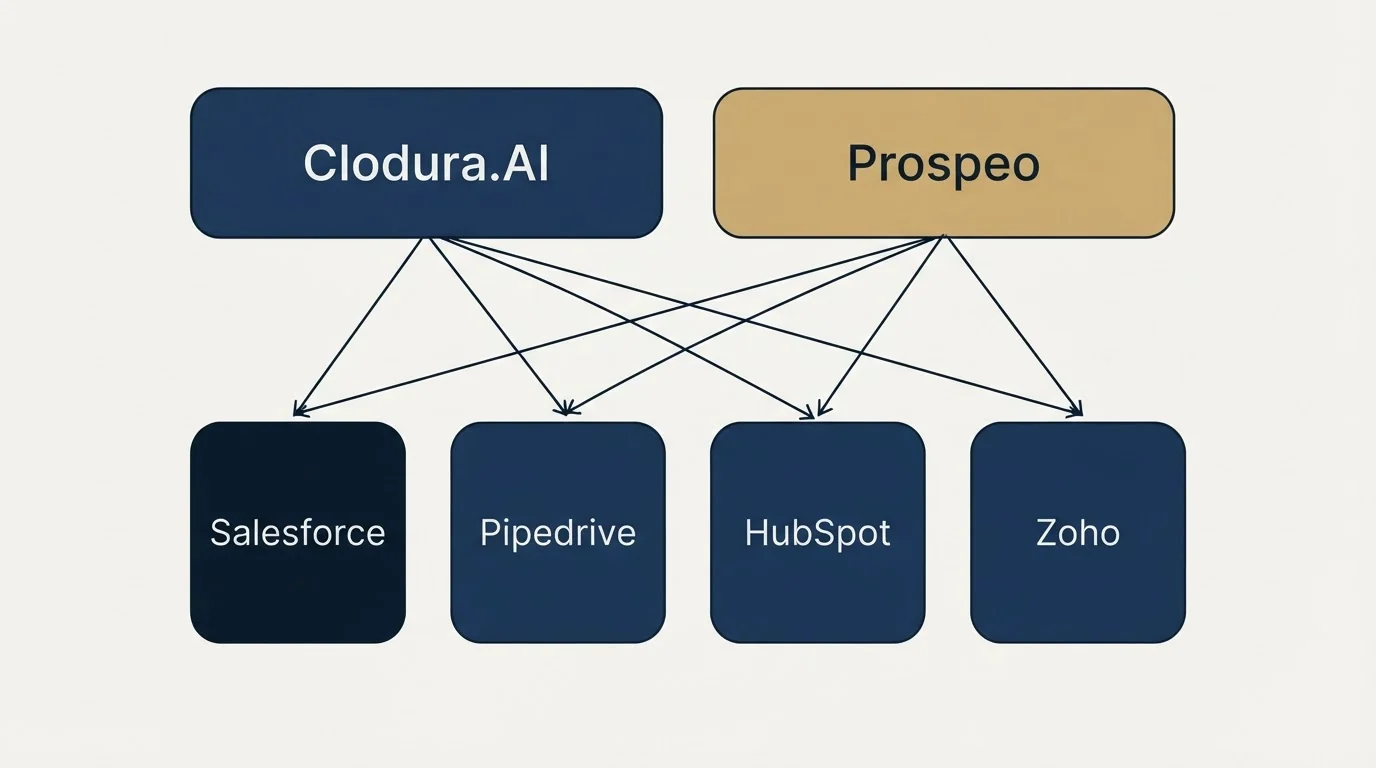 Integration grid: Integration Ecosystem (Clodura.AI, Prospeo, Salesforce, Pipedrive)