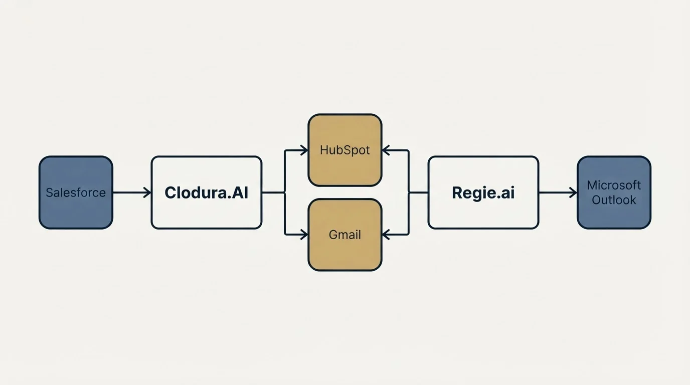 Integration schematic: Integration Ecosystem (Clodura.AI, Regie.ai, HubSpot, Gmail)