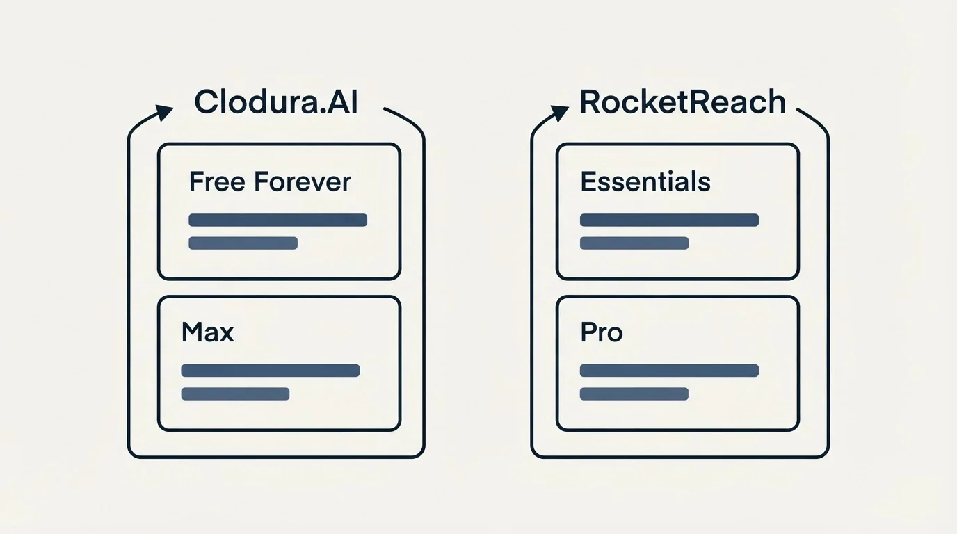 Pricing panels: Pricing Comparison (Clodura.AI, RocketReach, Free Forever, Essentials)