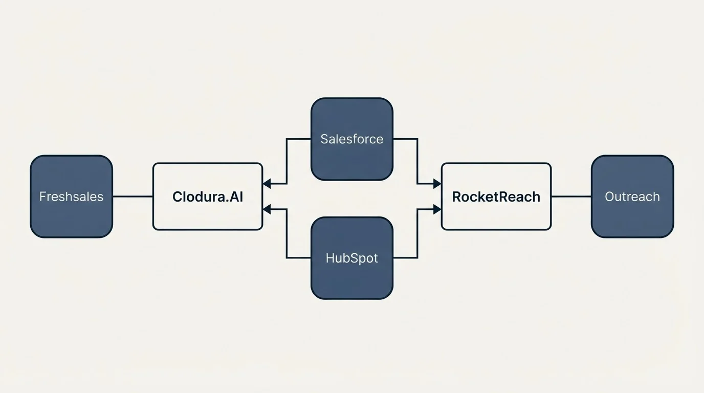 Integration flow: Integration Ecosystem (Clodura.AI, RocketReach, Salesforce, HubSpot)