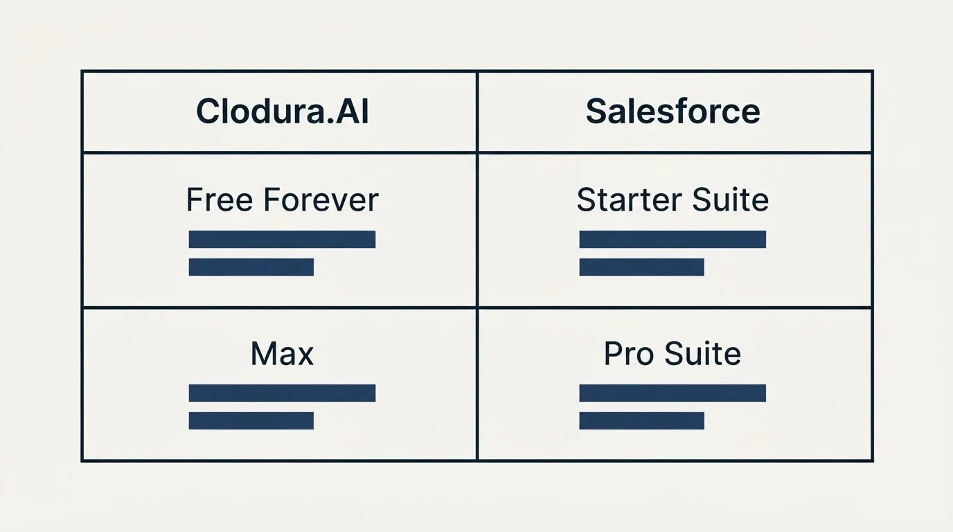 Pricing table: Pricing Comparison (Clodura.AI, Salesforce, Free Forever, Starter Suite)