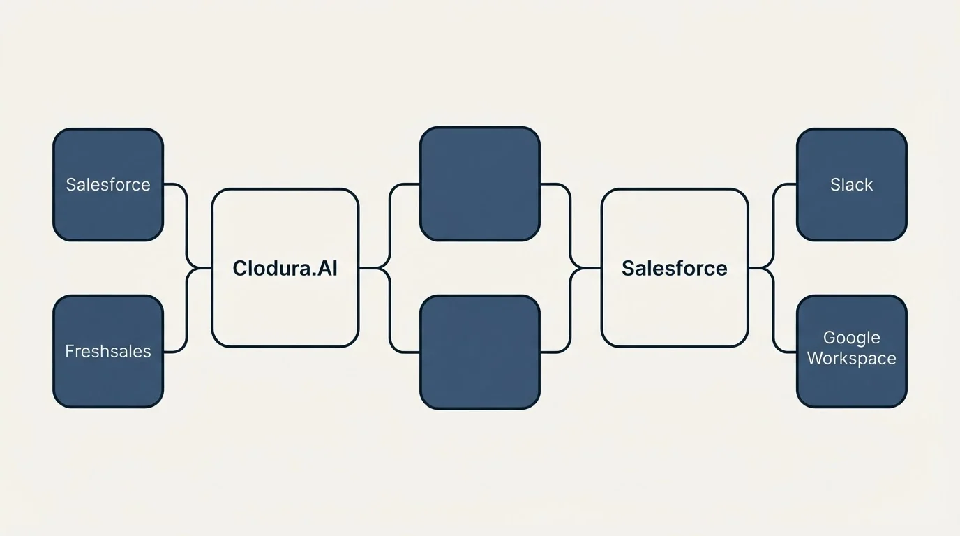 Integration schematic: Integration Ecosystem (Clodura.AI, Salesforce, Slack, Freshsales)