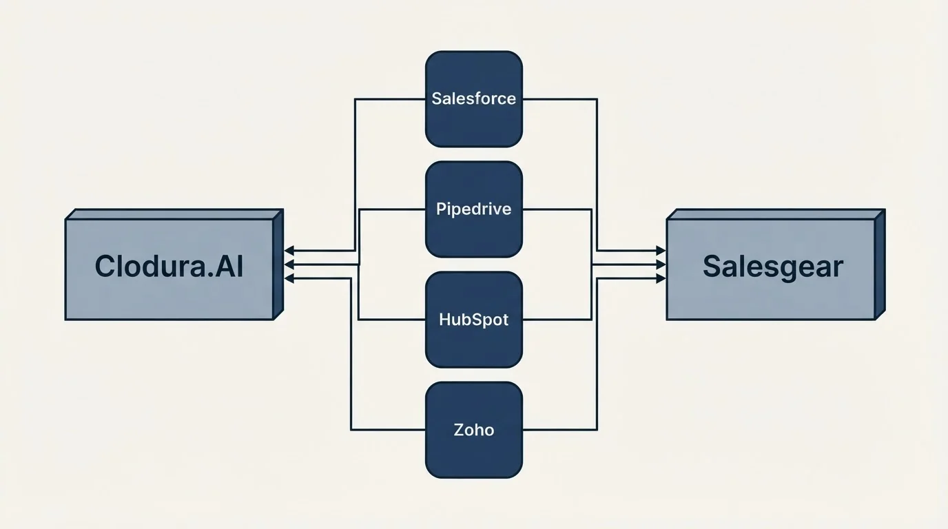 Integration flow: Integration Ecosystem (Clodura.AI, Salesgear, Salesforce, Pipedrive)