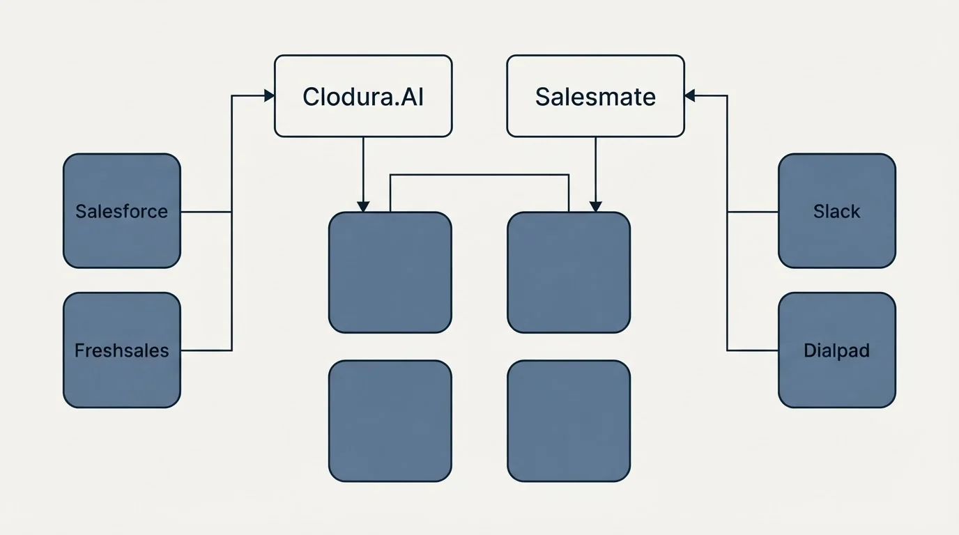 Integration grid: Integration Ecosystem (Clodura.AI, Salesmate, Salesforce, Slack)