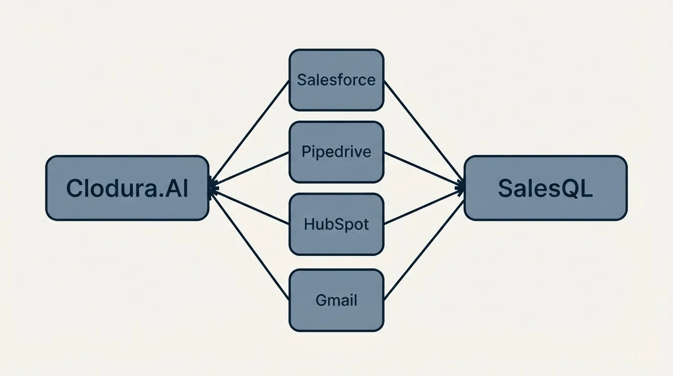 Integration schematic: Integration Ecosystem (Clodura.AI, SalesQL, Salesforce, Pipedrive)